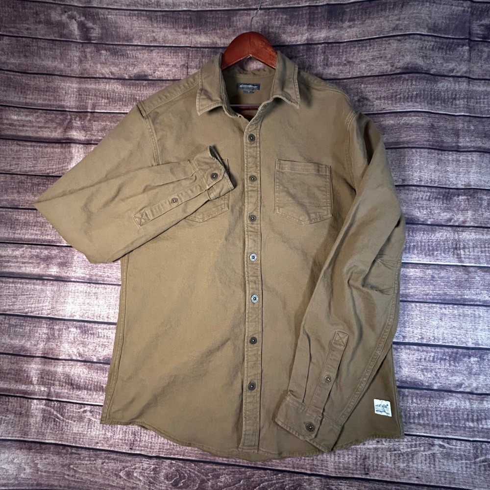 Eddie Bauer Mens Tall Khaki Brown Canvas Utility Button Down Long Sleeve TL